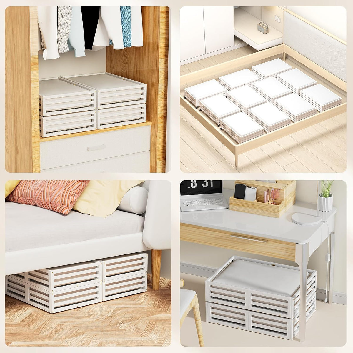Wisuce 2 Packs Bamboo Under Bed Storage Organizer with Wheels White Small