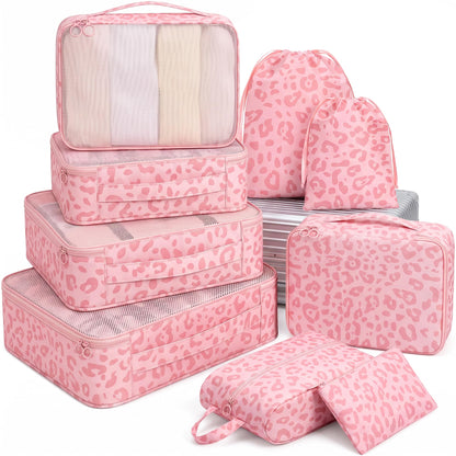 9 Set Packing Cubes for Travel Essentials - Lightweight Carry-On Luggage Organizer Bags with Shoe, Clothes & Laundry Bags for Airplane, Family & Business Travel, Leopard print