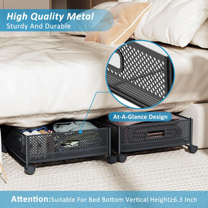 Under Bed Storage with Wheels 47.2"(L)/57.6L Large Rolling Under Bed Storage, Metal Underbed Containers on Wheels, Tool-Free Assembly Foldable Metal Underbed Drawers for Shoes Clothes Toys