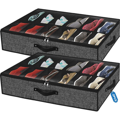homyfort Under Bed Shoe Storage Organizer for Closet Fits 24 Pairs-Sturdy Underbed Shoe Storage Box Bins,Set of 2 (Linen-like Black)