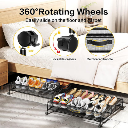 Under Bed Shoe Storage Organizer, 2 Pack Under Bed Storage Containers with Wheels for Under Bed Shoe Organizer Drawer Space Saving for bedroom