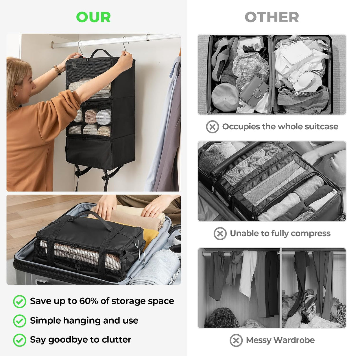 GRANNY SAYS Hanging Packing Cubes for Travel, Large Luggage Bags, Black