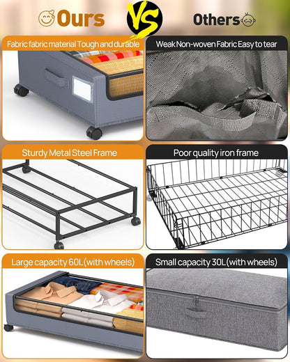 Under Bed Storage with Wheels, Square Under Bed Storage Containers, 4 Pack Under The Bed Storage Bins, Under Organizer with Clear Lids-60L Rolling Underbed Storage For Clothes, Shoes...