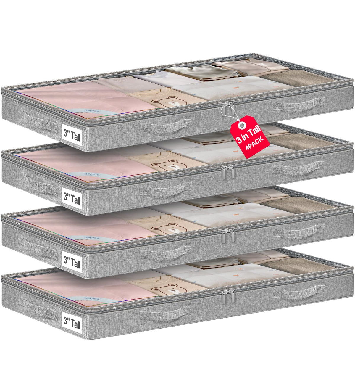 punemi 3 inch High Soft Low Profile Under Bed Storage Bins, 2 Pack, Grey
