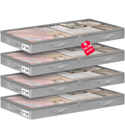 punemi 3 inch High Soft Low Profile Under Bed Storage Bins, 2 Pack, Grey