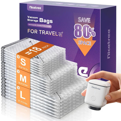 Nicetree 18 Pack Vacuum Storage Bags for Travel with Rechargeable Pump