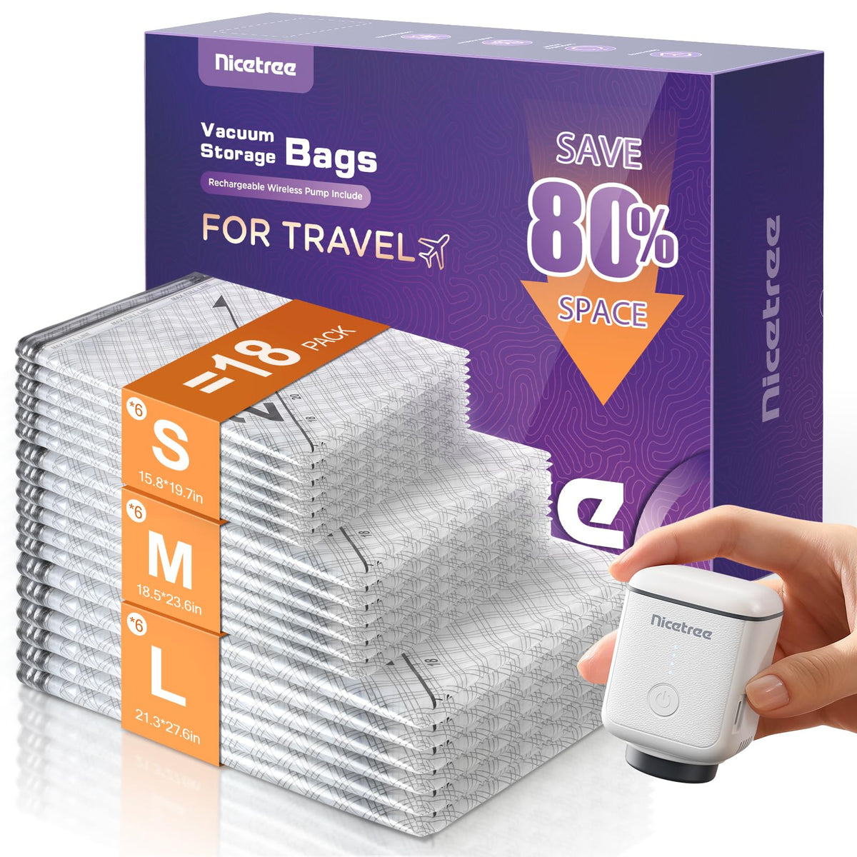 Nicetree 18 Pack Vacuum Storage Bags for Travel with Rechargeable Pump