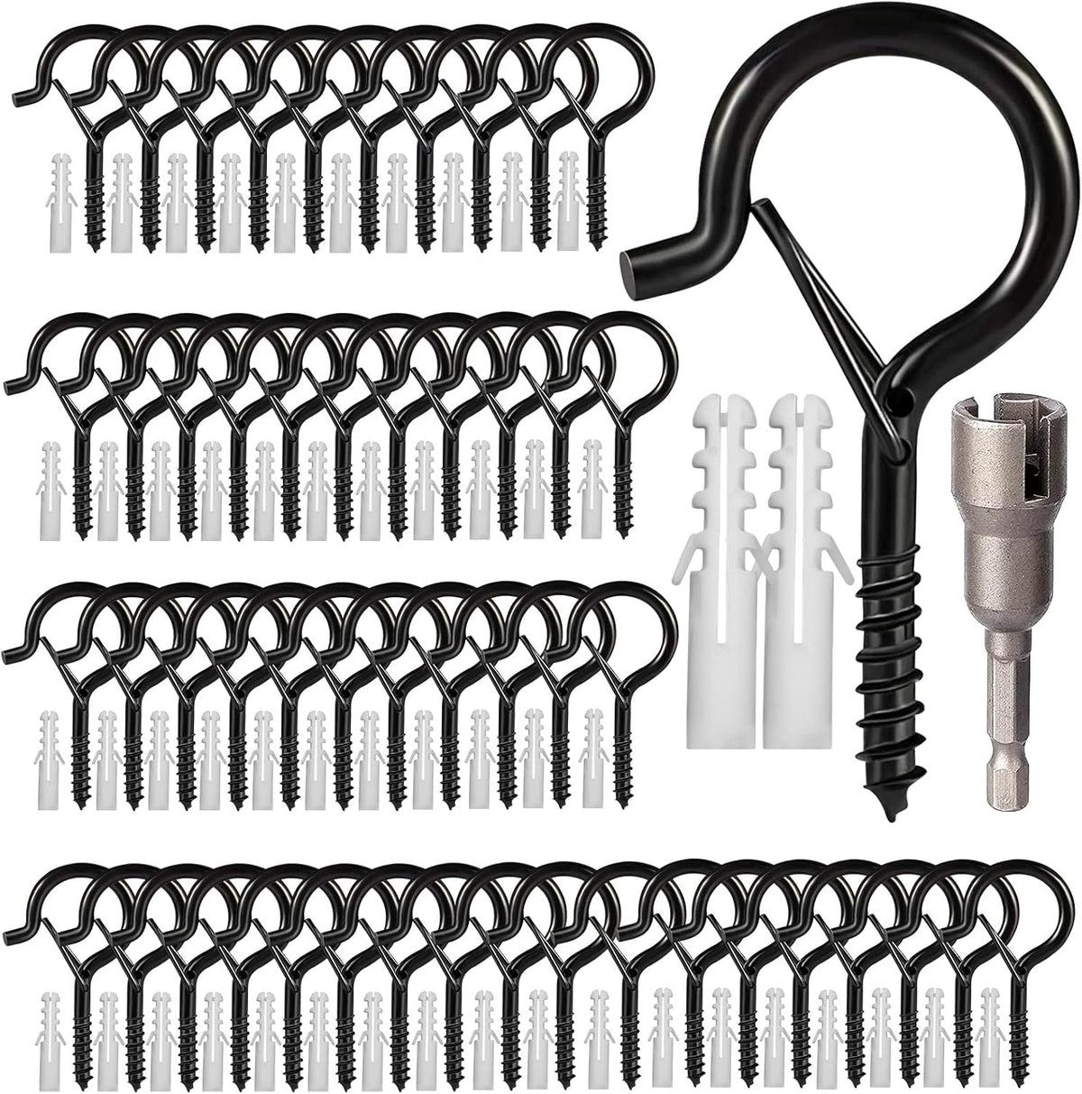cyrico Hooks for Outdoor String Lights, 52 Pack Screw Hooks for Hanging Plants Led Party Lights Garage Wind Chimes, Black Heavy Duty Q Hanger Ceiling with Safety Buckle, Box and Wing Nut Driver