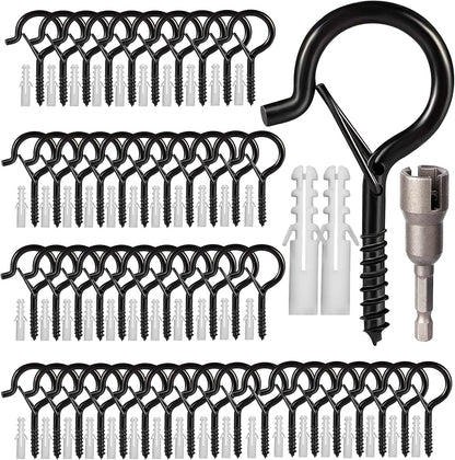 cyrico Hooks for Outdoor String Lights, 52 Pack Screw Hooks for Hanging Plants Led Party Lights Garage Wind Chimes, Black Heavy Duty Q Hanger Ceiling with Safety Buckle, Box and Wing Nut Driver
