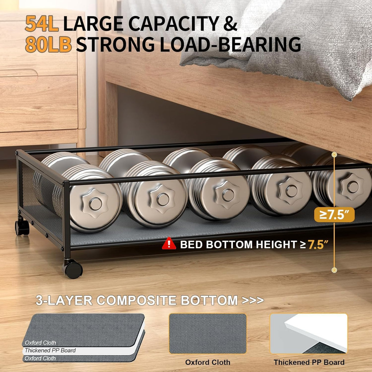 Under Bed Storage Containers with Wheels Large Underbed Shoes Blankets Clothes Toy Storage Drawers for College Dorms Bedrooms Nursery Rooms Organization (Grey 2 Pack, 7.5in height(36"x16.6"x7.48"))