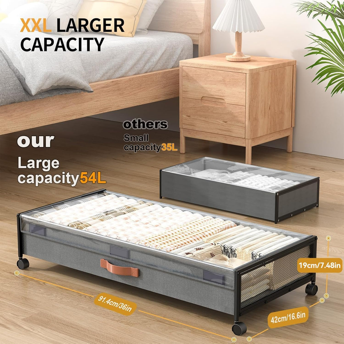 Under Bed Storage Containers with Wheels Large Underbed Shoes Blankets Clothes Toy Storage Drawers for College Dorms Bedrooms Nursery Rooms Organization (Grey 2 Pack, 7.5in height(36"x16.6"x7.48"))