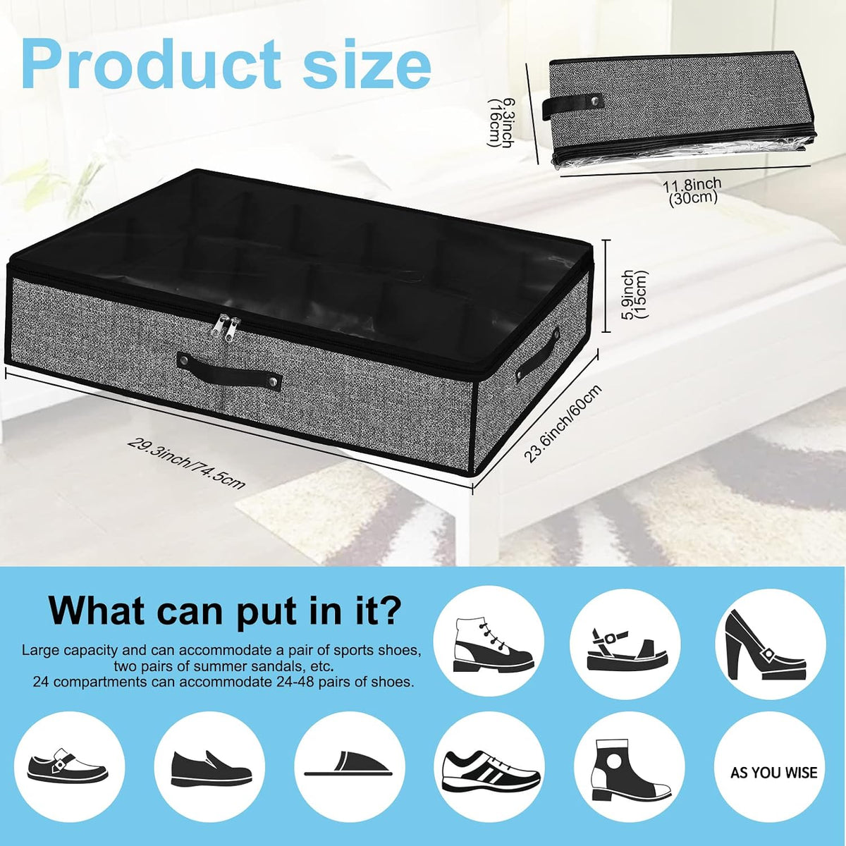 Under Bed Storage Organizer for Closet 2pc-24 Pairs Shoe Boxes
