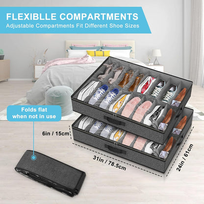 Under Bed Shoe Storage Organizer for Closet, 32 Pairs Sturdy Underbed Shoe Storage Boxes Bins Container Foldable Shoes Storage with Reinforced Handles & Clear Window for College Dorms Grey, Set of 2