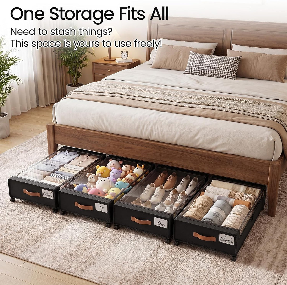 Yecaye 60 L Under Bed Storage with Wheels, 2 Pack Under Bed Storage Containers with Clear Window & Label, Rolling Under bed Shoe Storage organizer for Clothes, Shoes, Black