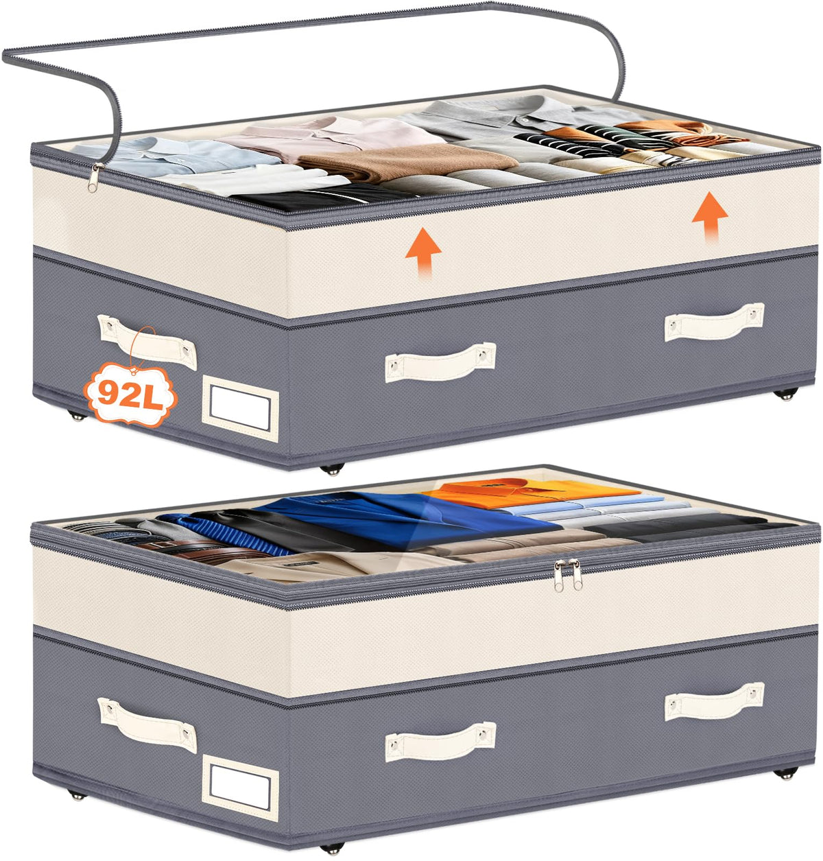 Dolicer 2 Pack Under Bed Storage with Wheels, 6in-10in Height Adjustable Underbed Storage Containers, 92L XXXL Under Bed Drawers Rolling Bin with Clear Lids for Dorm Shoes Clothes Organizers(Grey)