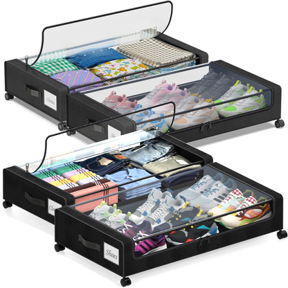 Under Bed Storage with Wheels, 2 Pack Under Bed Storage Containers with Clear Lids, XXL 65L Under Bed Storage Organizer, Rolling Under Bed Metal Drawer for Blanket, Clothes, Shoes (31 x 17 x 6.69 in)