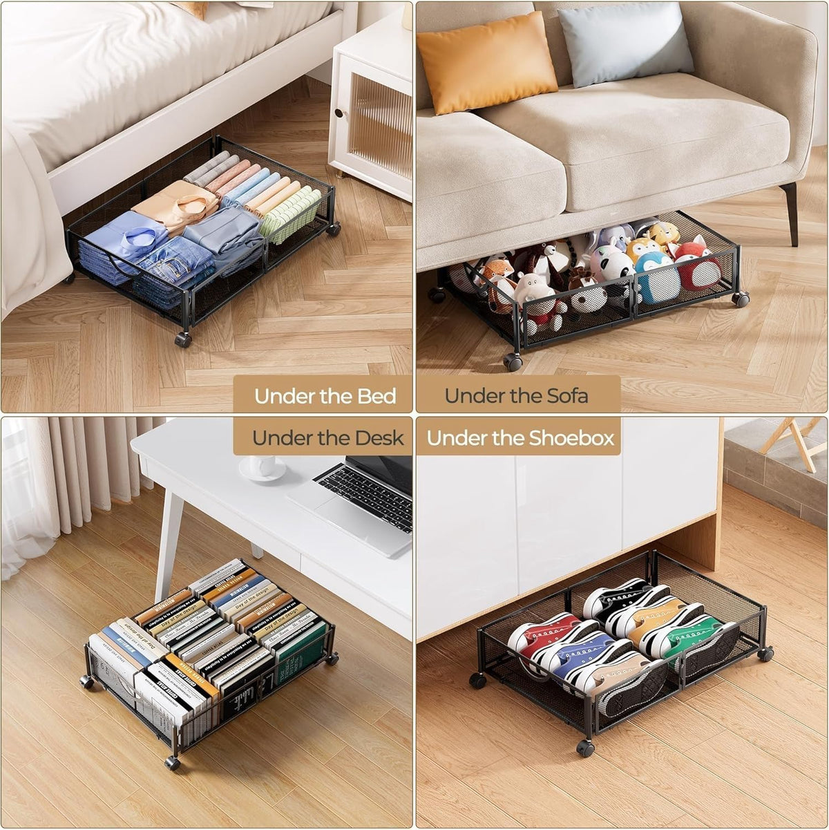 Yecaye Under Bed Storage with Wheels, 2 Pack Under Bed Shoe Storage, Black