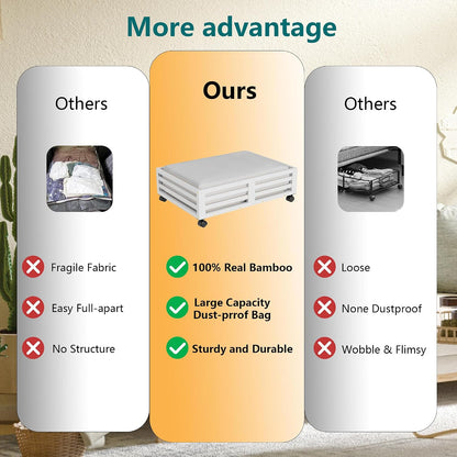 Wisuce 2 Packs Bamboo Under Bed Storage Organizer with Wheels White Small