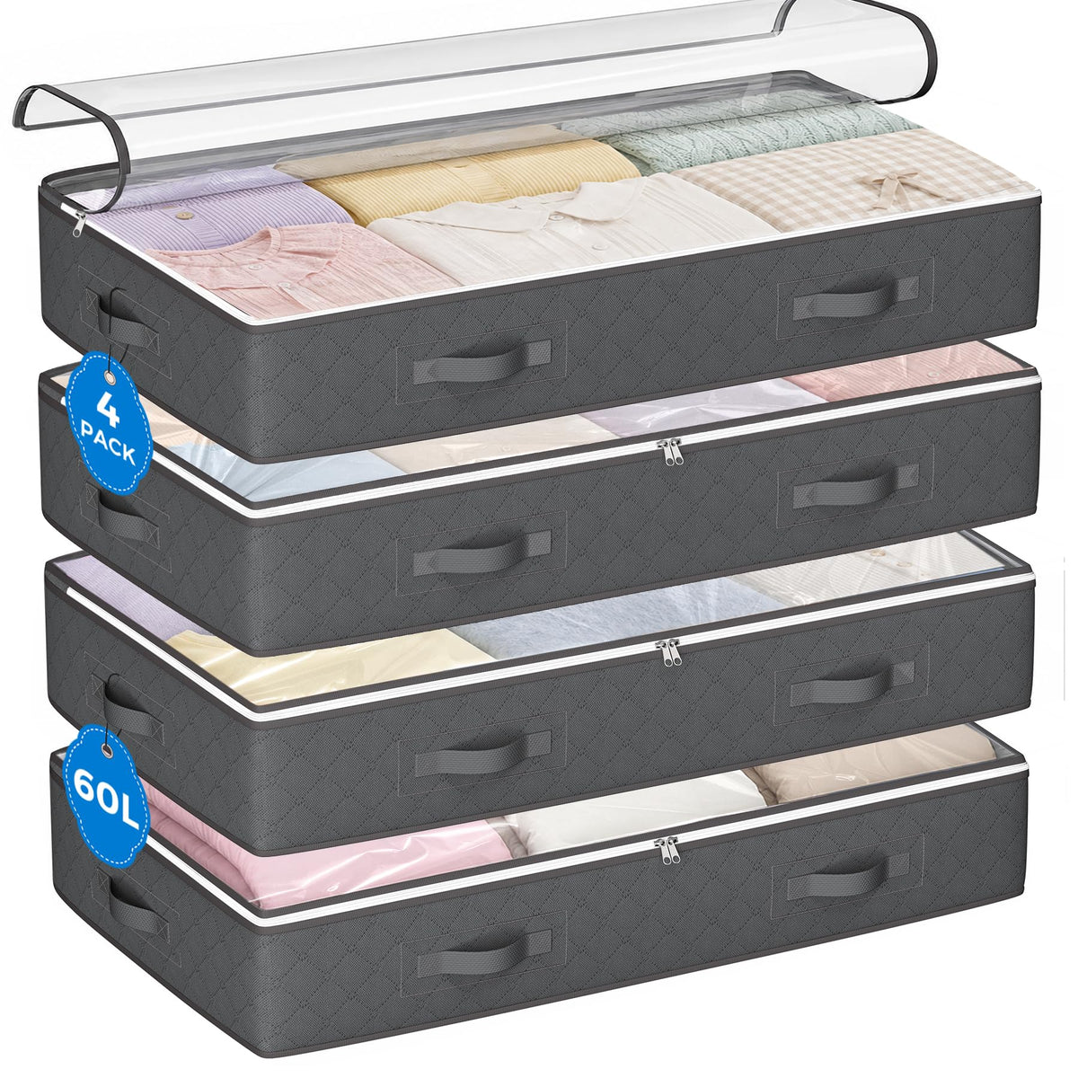 Budding Joy 95L Under Bed Storage Containers, 6 Pack Storage Bins, Grey
