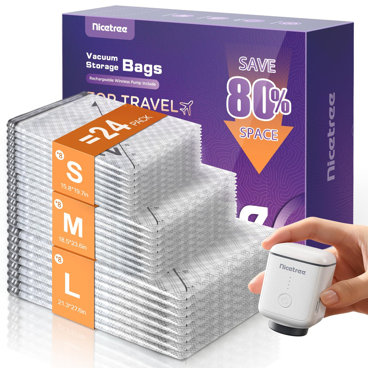Nicetree 18 Pack Vacuum Storage Bags for Travel with Rechargeable Pump