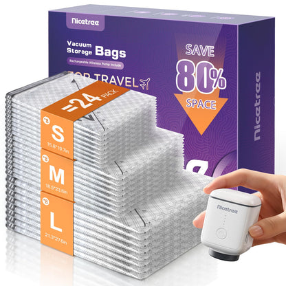 Nicetree 18 Pack Vacuum Storage Bags for Travel with Rechargeable Pump