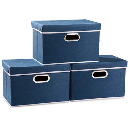 PRANDOM Large Collapsible Storage Bins with Lids [3-Pack] Linen/Cotton Blend Foldable Storage Boxes Organizer Containers Baskets Cube with Cover for Home Bedroom Closet Office Nursery(17.7x11.8x11.8)