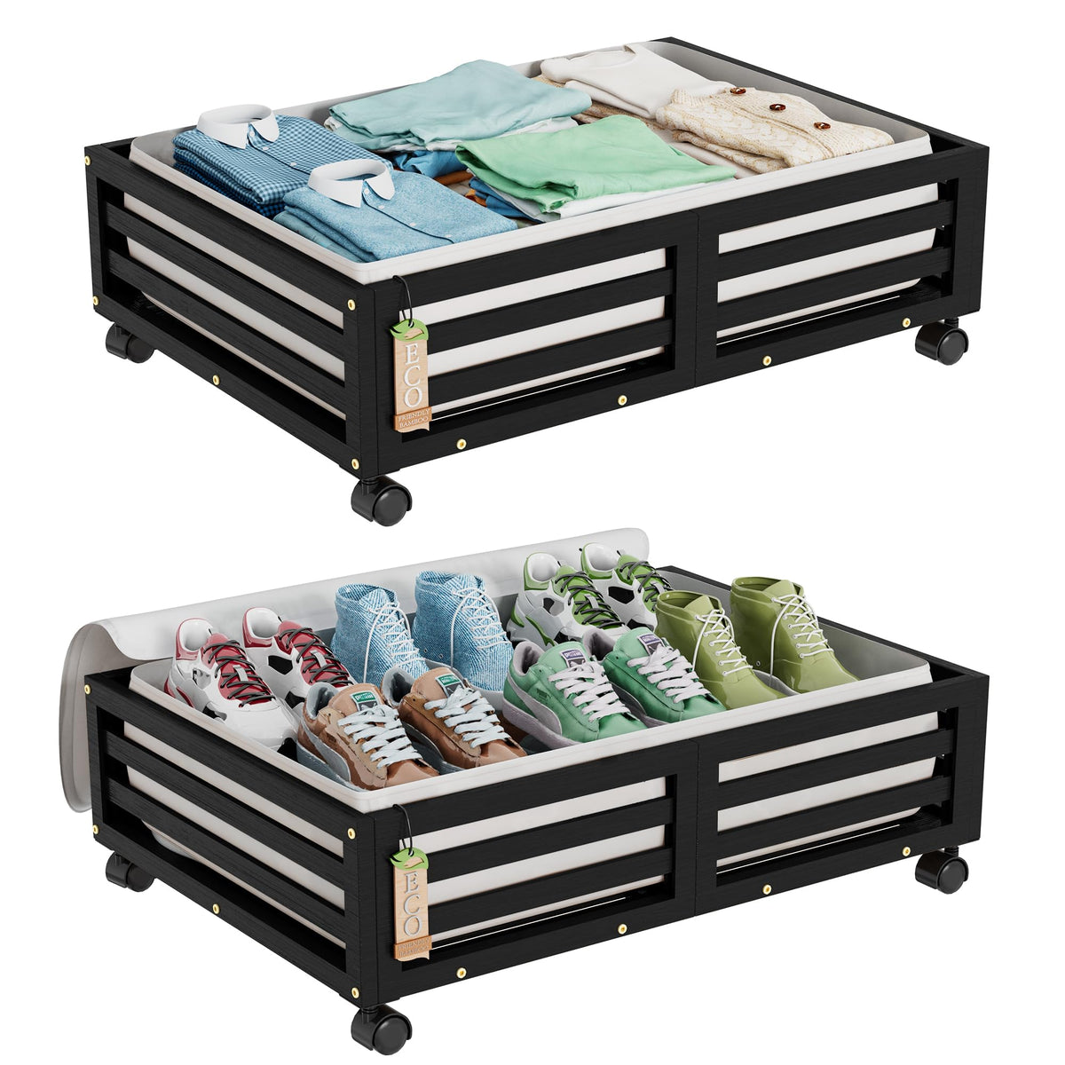 Wisuce 2 Packs Bamboo Under Bed Storage Organizer with Wheels White Small