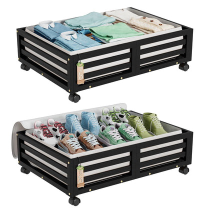 Wisuce 2 Packs Bamboo Under Bed Storage Organizer with Wheels White Small