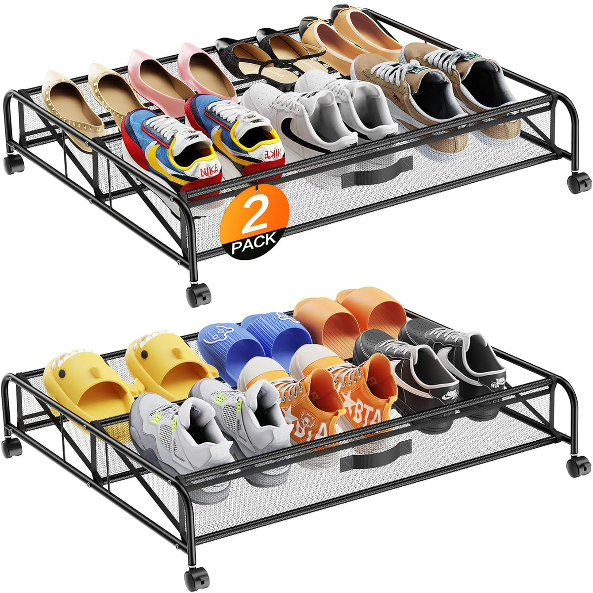 Under Bed Shoe Storage Organizer, 2 Pack Under Bed Storage Containers with Wheels for Under Bed Shoe Organizer Drawer Space Saving for bedroom
