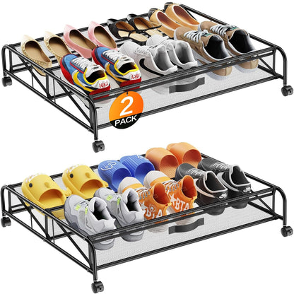 Under Bed Shoe Storage Organizer, 2 Pack Under Bed Storage Containers with Wheels for Under Bed Shoe Organizer Drawer Space Saving for bedroom