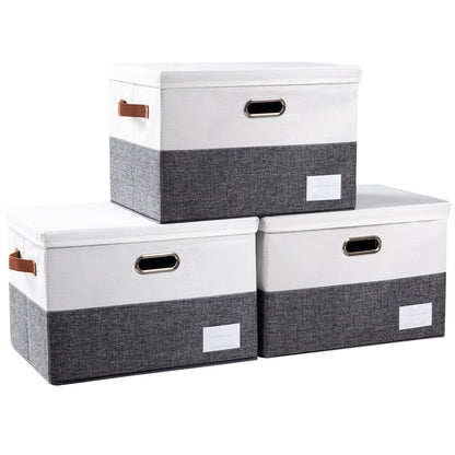 PRANDOM Large Collapsible Storage Bins with Lids [3-Pack] Linen/Cotton Blend Foldable Storage Boxes Organizer Containers Baskets Cube with Cover for Home Bedroom Closet Office Nursery(17.7x11.8x11.8)