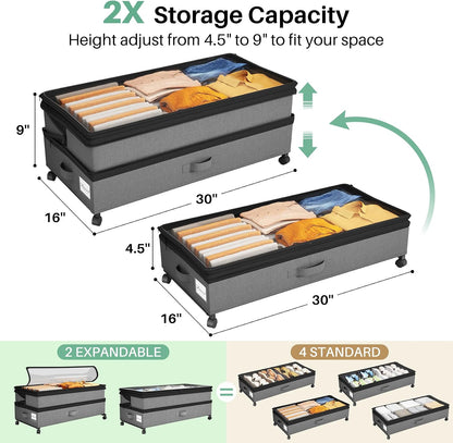 Kitstorack Under Bed Storage with Wheels 2Pack Height-adjustable Under Bed Storage Containers,Under Bed Shoe Storage Organizer with Clear Window&Label, Suitable for Clothes Storage, Gray