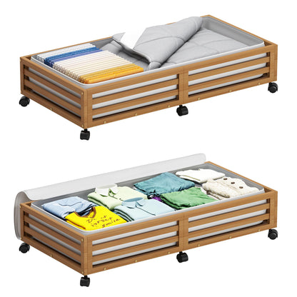 Wisuce 2 Packs Bamboo Under Bed Storage Organizer with Wheels White Small