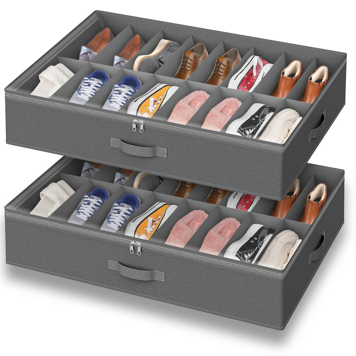 Under Bed Shoe Storage Organizer for Closet, 32 Pairs Sturdy Underbed Shoe Storage Boxes Bins Container Foldable Shoes Storage with Reinforced Handles & Clear Window for College Dorms Grey, Set of 2