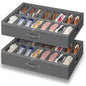 Under Bed Shoe Storage Organizer for Closet, 32 Pairs Sturdy Underbed Shoe Storage Boxes Bins Container Foldable Shoes Storage with Reinforced Handles & Clear Window for College Dorms Grey, Set of 2