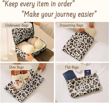 9 Set Packing Cubes for Travel Essentials - Lightweight Carry-On Luggage Organizer Bags with Shoe, Clothes & Laundry Bags for Airplane, Family & Business Travel, Leopard print