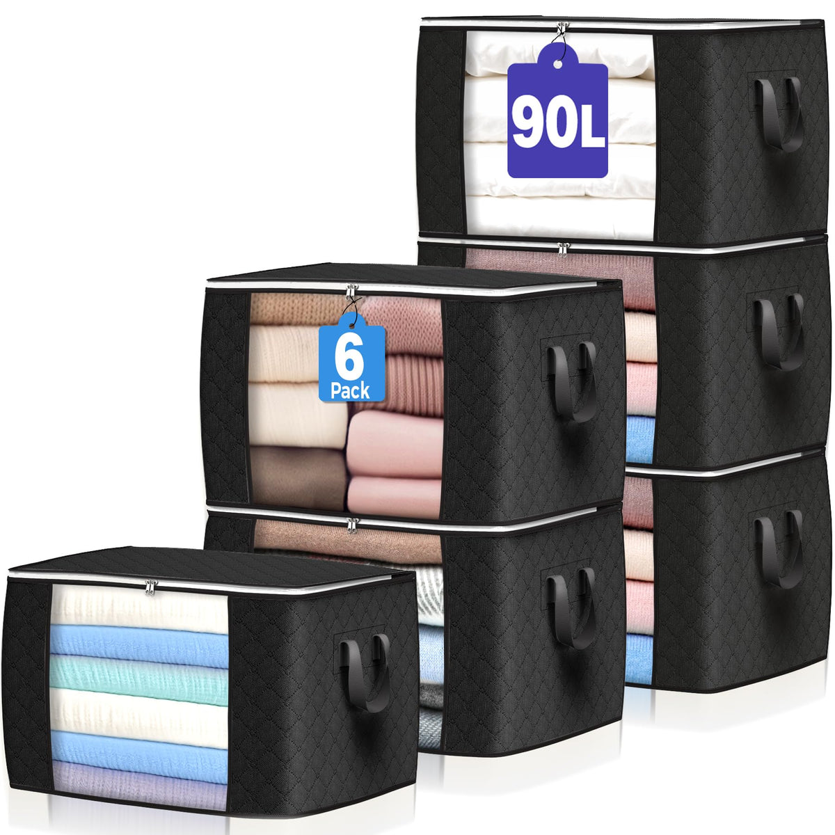 90L Large Storage Bags, 6 Pack Clothes Storage Bins Closet Organizers