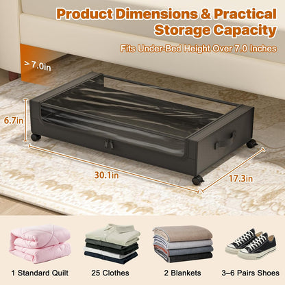 Under Bed Storage with Wheels,XXL 60L Under Bed Storage Containers with Clear Lids, Rolling Under Bed Metal Drawer for Clothes, Shoes,Toys (Black, 2 Pack)