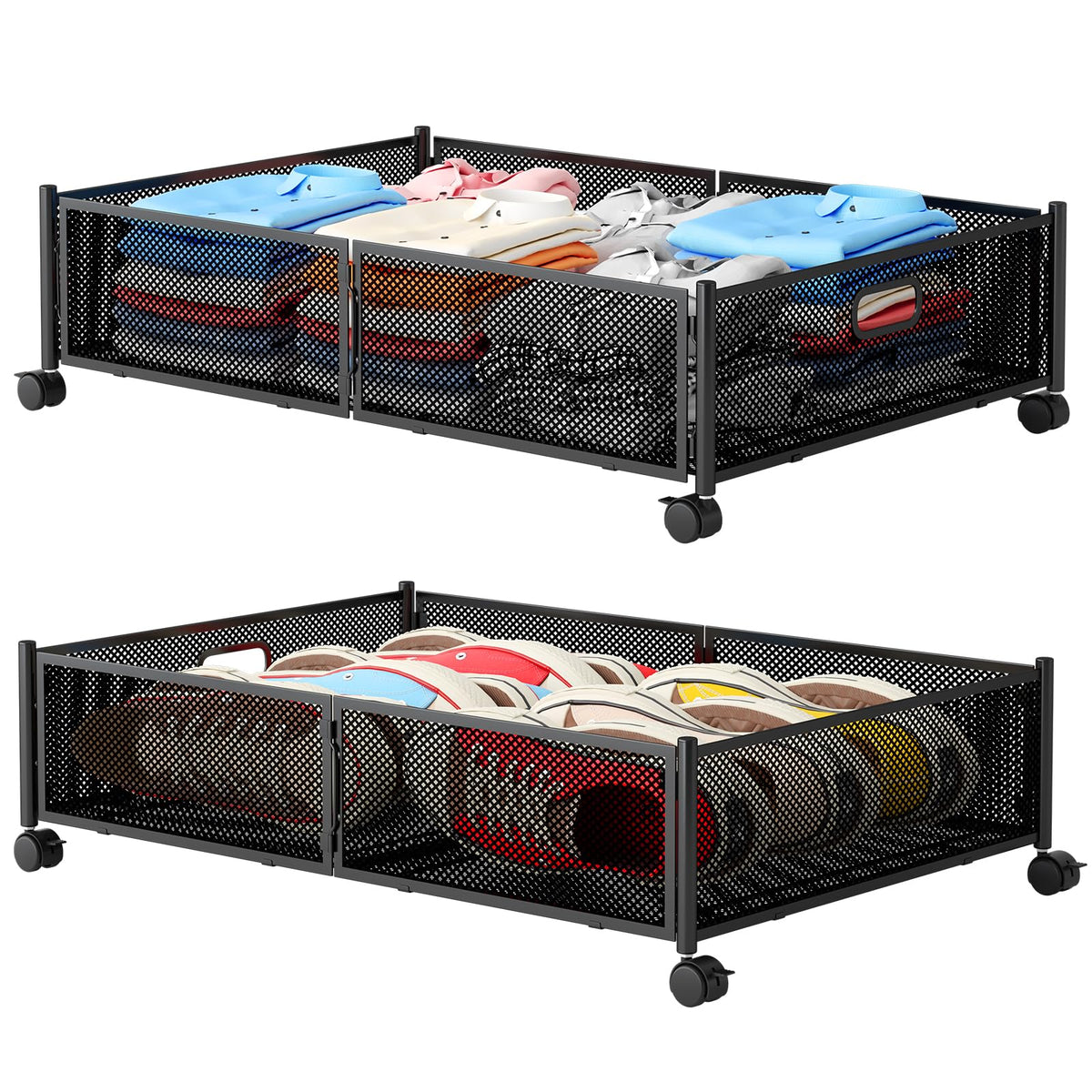 Gawerk Under Bed Storage with Wheels, Foldable Metal Mesh Underbed Storage Container Bins, Tool-free Assembly Clothes Drawer Organizer,2Pack