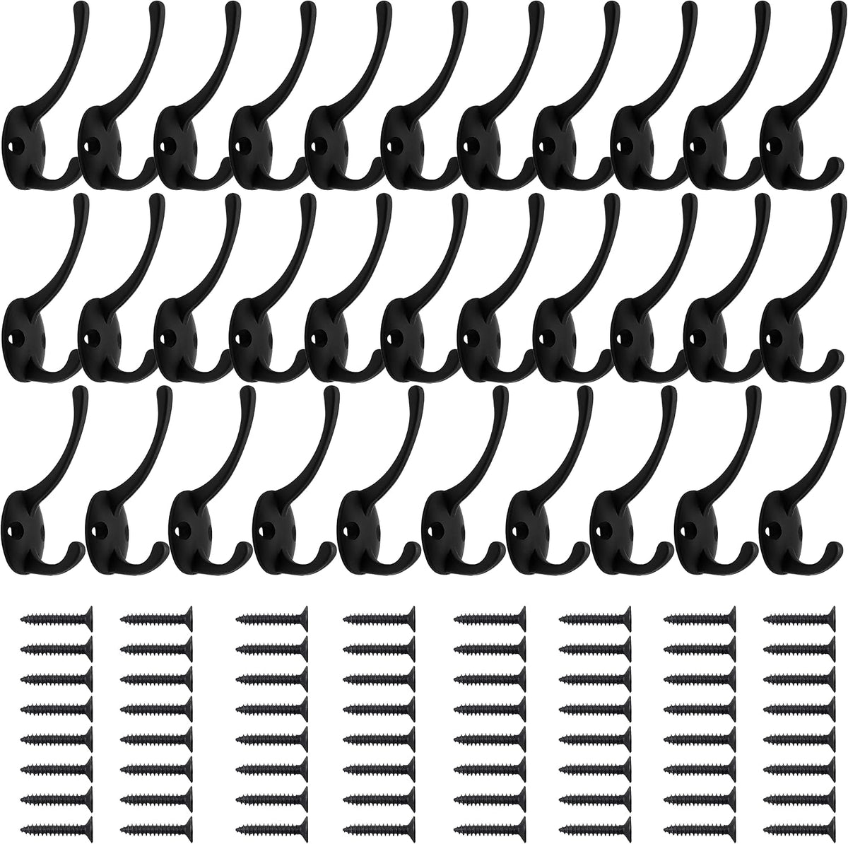 IBosins 32 Pack Black Double Coat Hooks Wall Mounted with 64 Screws
