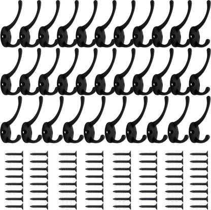IBosins 32 Pack Black Double Coat Hooks Wall Mounted with 64 Screws