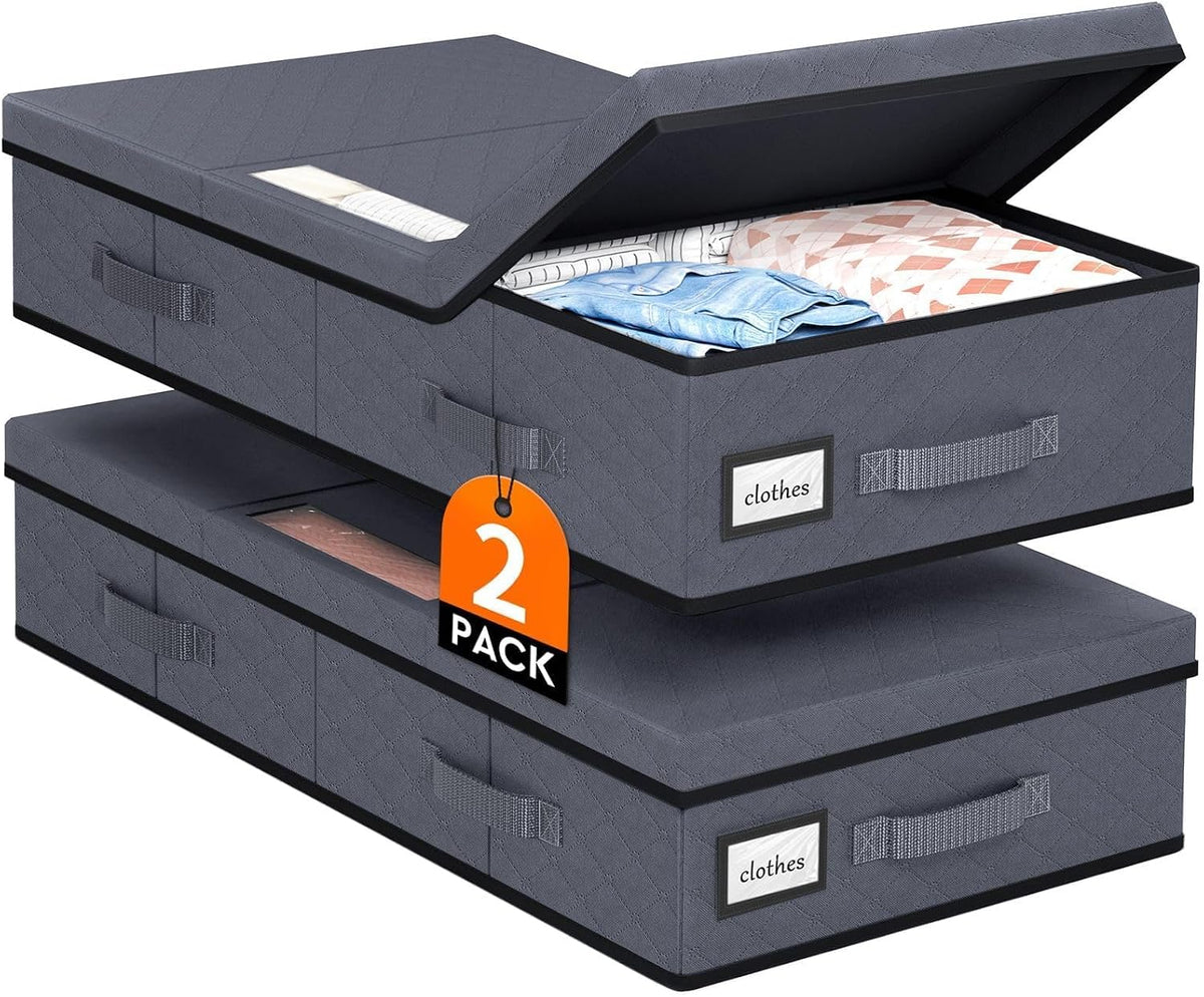 StoreHappily Under Bed Storage Containers with Lids, 2 Pack Foldable Grey