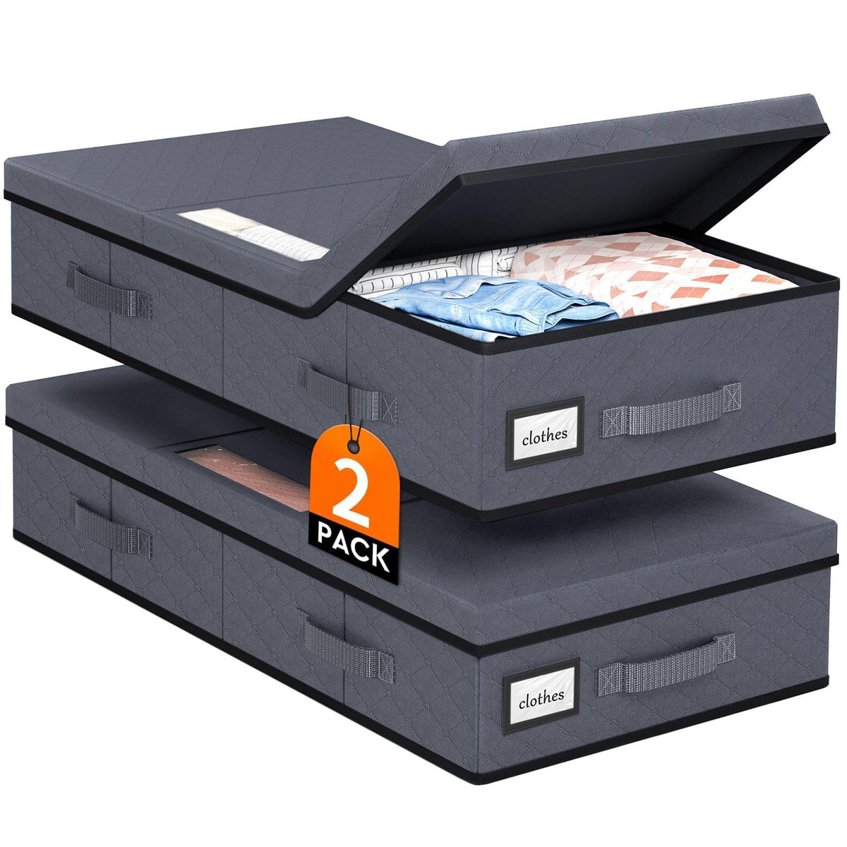 StoreHappily Under Bed Storage Containers with Lids, 2 Pack Foldable Grey