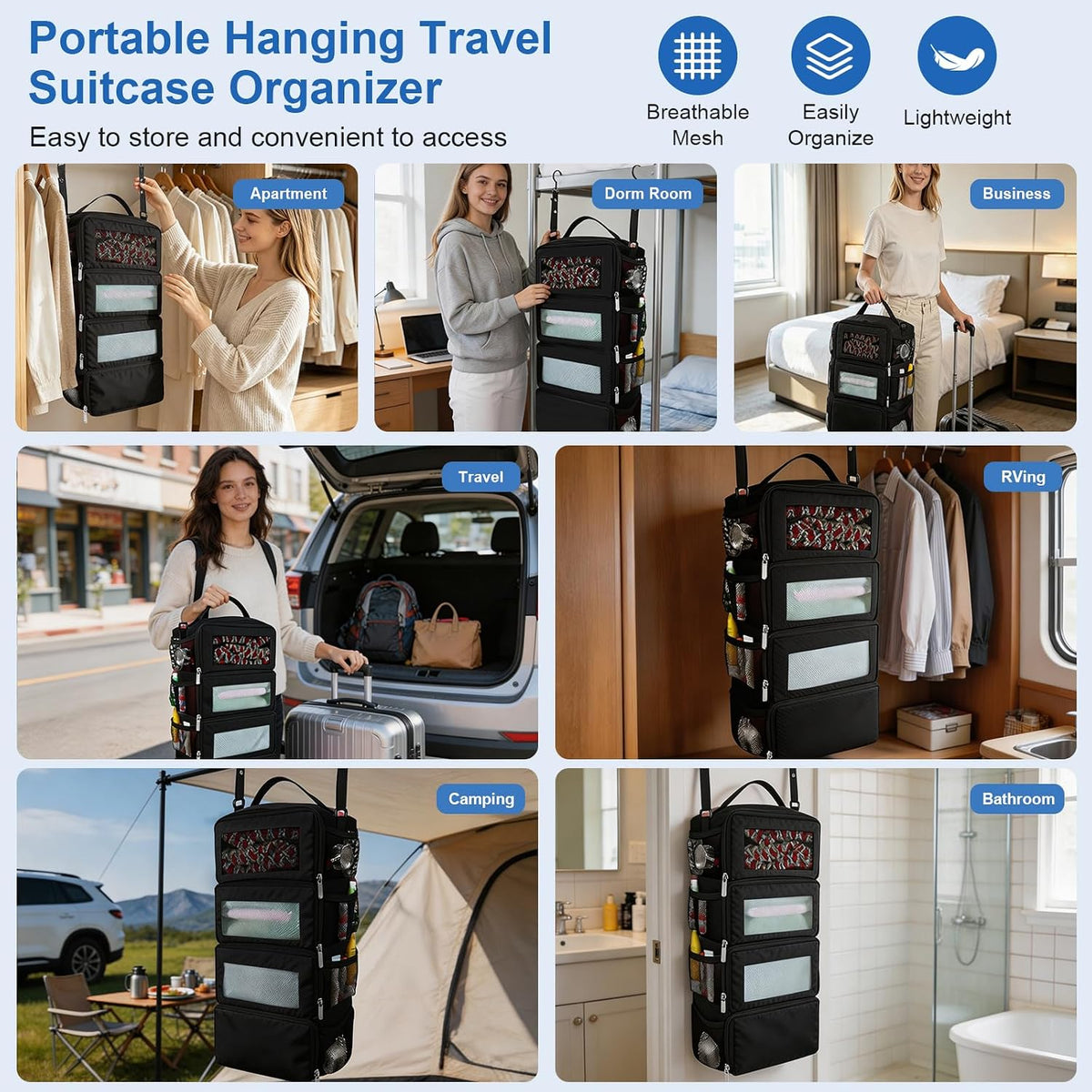 Olosar Suitcase Organizer, Travel Luggage Organizer Portable Hanging Travel Shelves Collapsible Hanging Packing Cubes for Carry on Suitcase