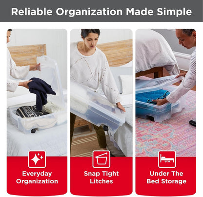 Rubbermaid 68 Quart Under the Bed Low Profile Storage Boxes with Dual Hinged Lids and Easy Rolling Caster Wheels, Clear, 2 Pack