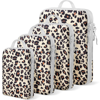 4 Set Compression Packing Cubes For Travel Bags Organizer For Luggage Suitcase Organizer, Compression Bags For Travel Accessories Luggage Storage Set (4 Pcs, Pink Leoparda)