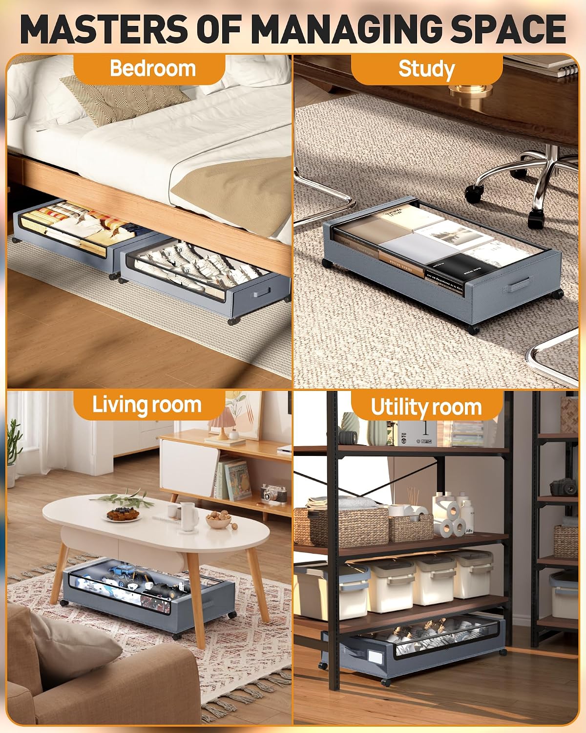 Under Bed Storage with Wheels, Square Under Bed Storage Containers, 4 Pack Under The Bed Storage Bins, Under Organizer with Clear Lids-60L Rolling Underbed Storage For Clothes, Shoes...