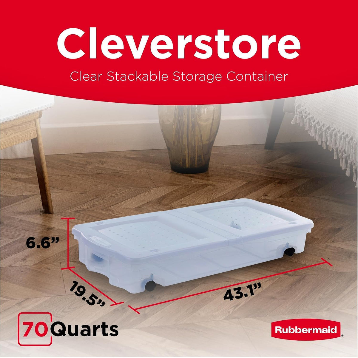 Rubbermaid 68 Quart Under the Bed Low Profile Storage Boxes with Dual Hinged Lids and Easy Rolling Caster Wheels, Clear, 2 Pack