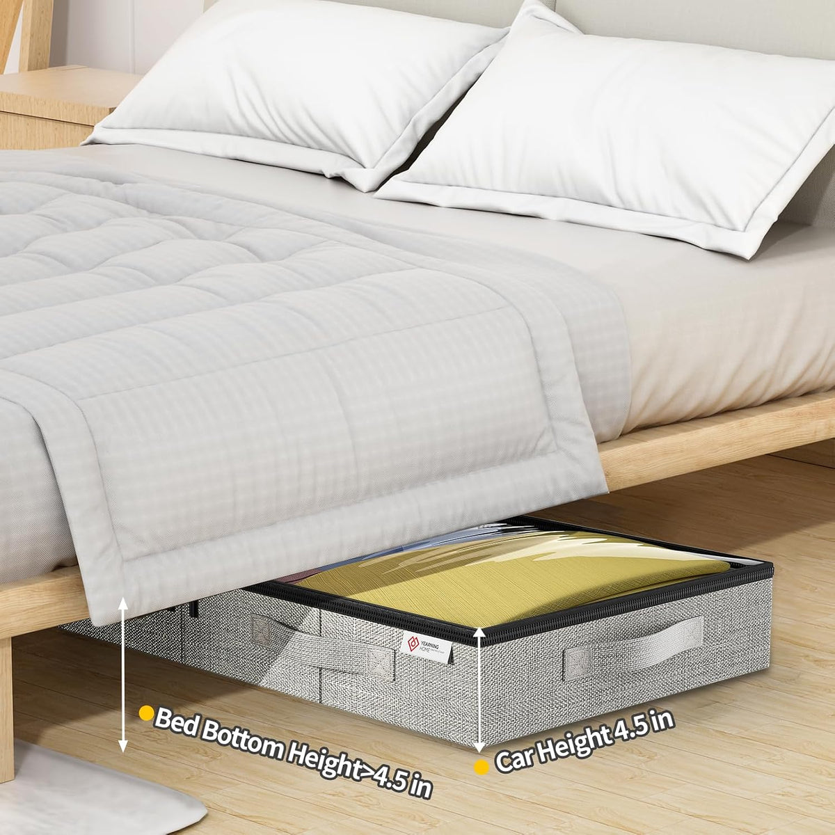 4.5 Inches Under Bed Storage Containers with Sturdy Sidewalls/Bottom and Reinforced Handles，Low Profile Underbed Storage for Clothes,Shoes,Pillows and Blankets with Zips and Clear Windows,4 Pack