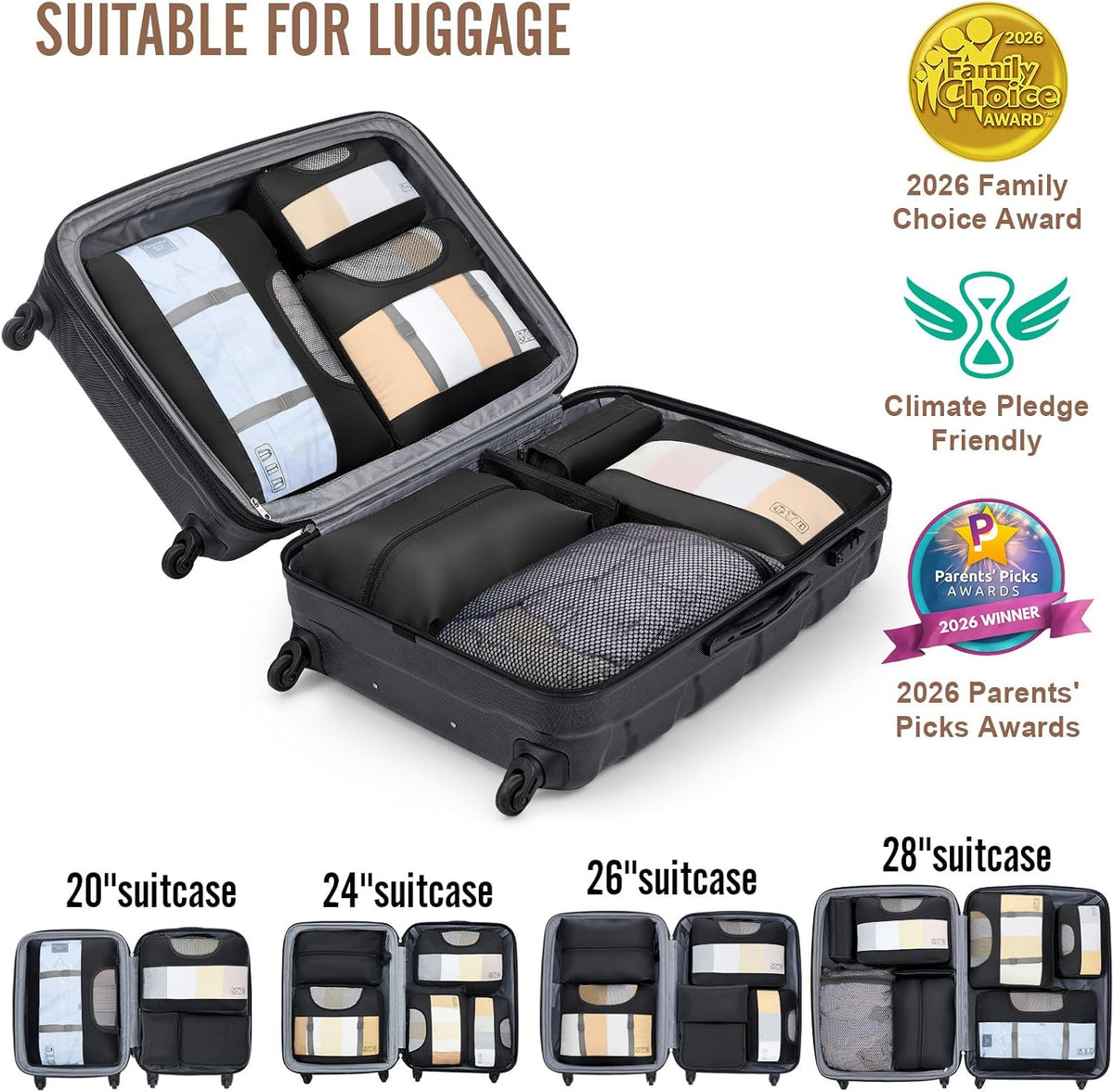 Veken 10 Set/8 Set Packing Cubes for Travel Essentials,Anti-Wrinkle Buckled Suitcase Organizer for Shoe & Toiletry Bag,Carry On Luggage Bag for Airplane & College Dorm Room Accessories,Women Men Gifts